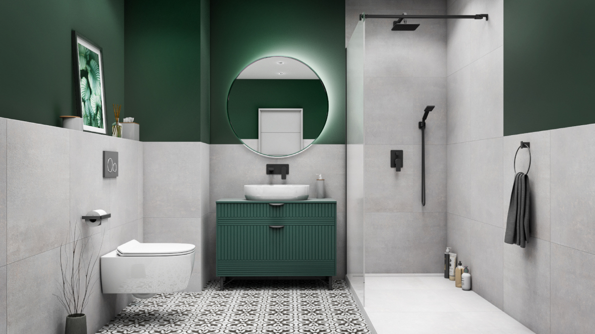 Biało zielona łazienka z kabiną prysznicową walk-in.